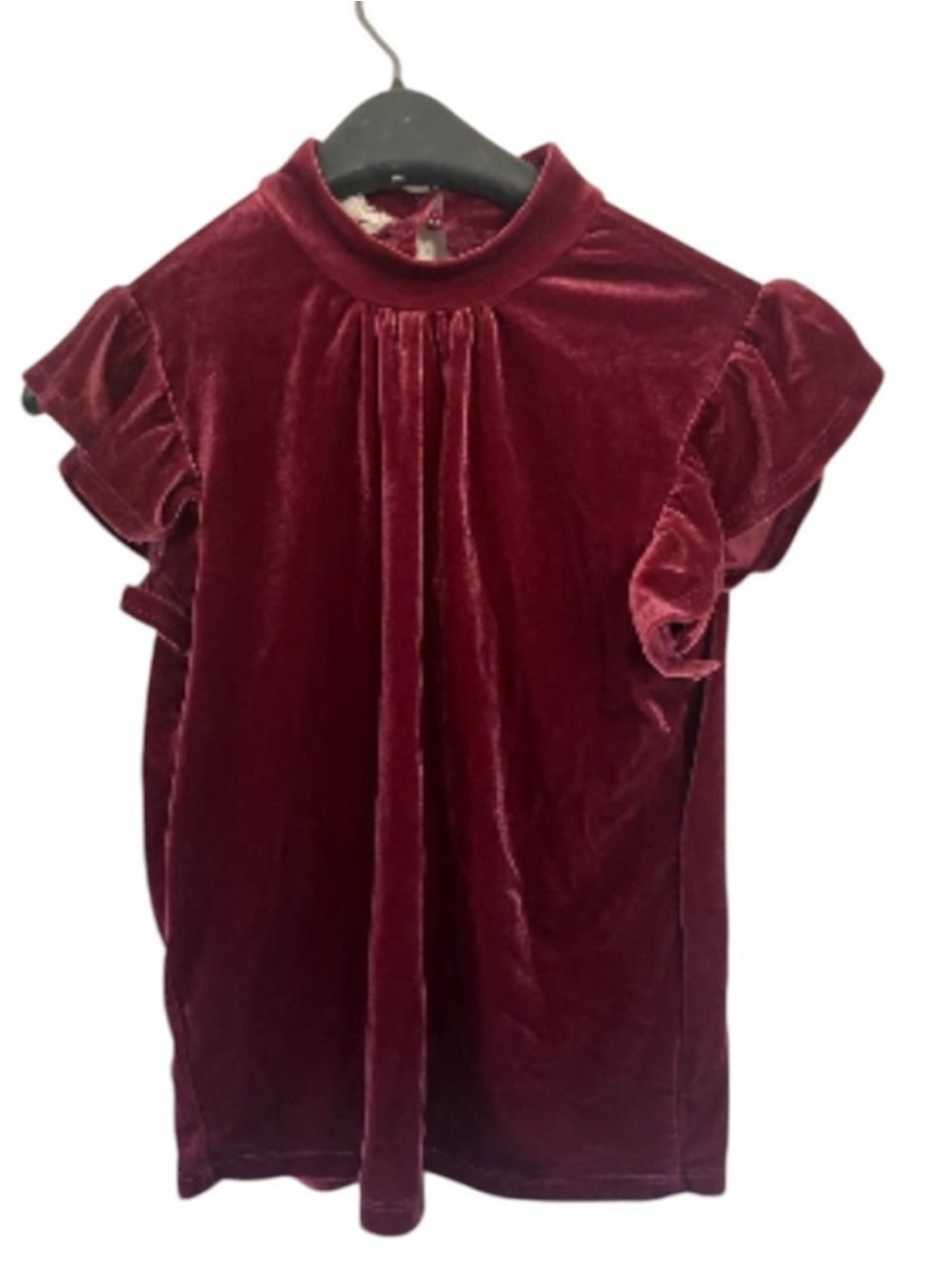 OLIVE + OAK Burgundy Velvet Mock Neck Ruffle Sleeve Blouse Women's S - Picture 6 of 6